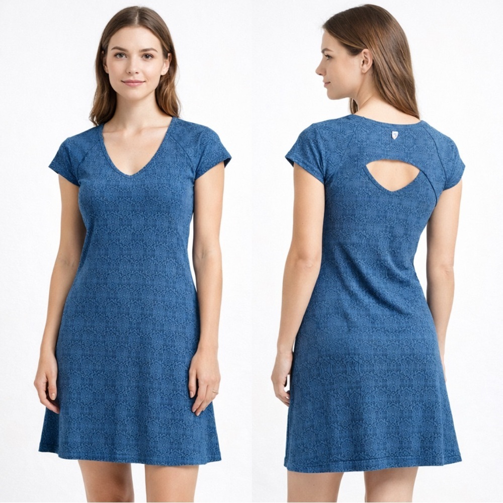 Kuhl Oriana Dress Cutout Back Short Sleeve Tidal Blue Print Small Gorpcore